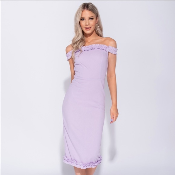 3for$30🛍 NEW Lilac Bardot Style Frill Bodycon Midi Dress - Picture 2 of 7